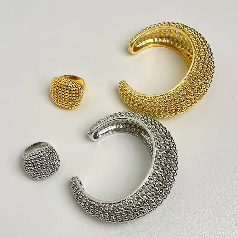 Minimalist Ring Stackable - Lüks Boncuklu Dokulu Açık Manşet Bilezik